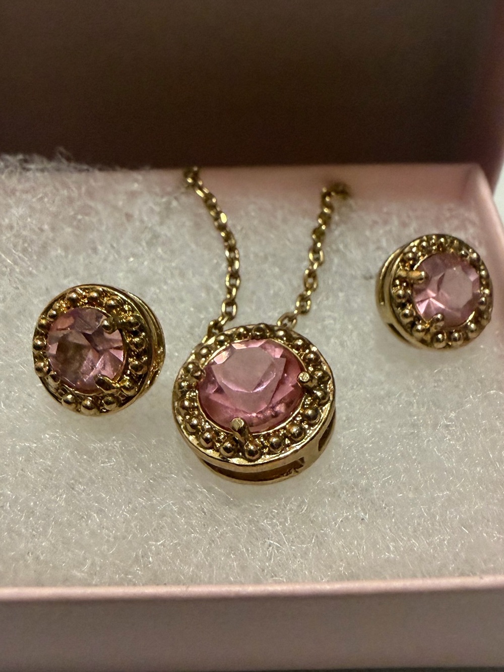 Gold-Tone Pink Crystal Pendant Necklace & Stud Earrings Set NWOT
